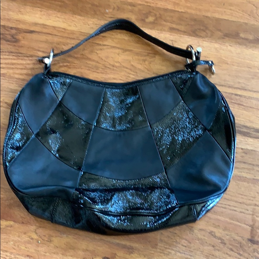Franco Sarto Black Patent Leather Patchwork Bag